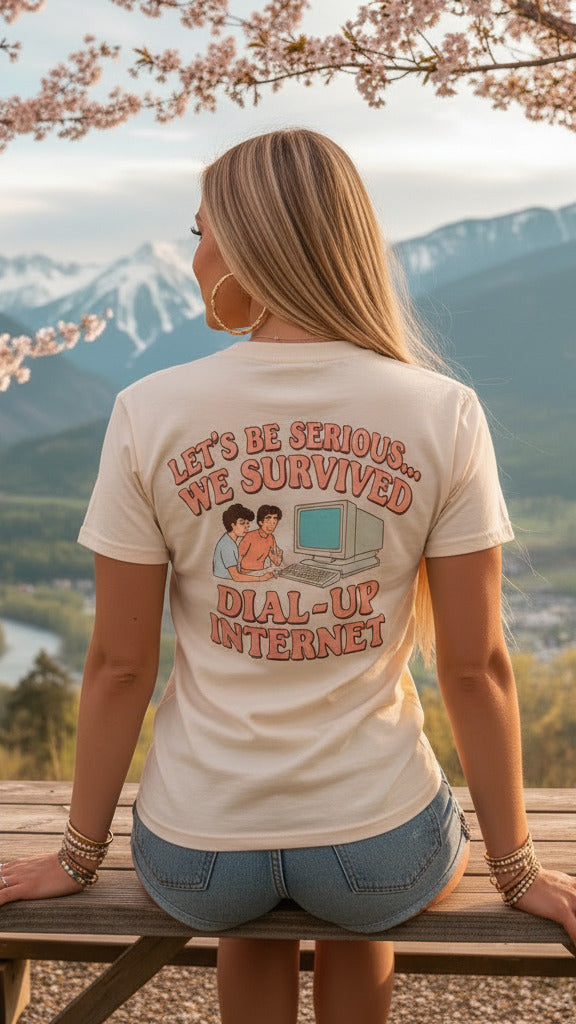 Retro Dial-Up Internet T‑Shirt — “Let’s Be Serious… We Survived Dial‑Up Internet” Vintage Gamer Tee