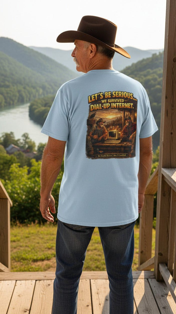 Retro Dial-Up Internet T‑Shirt — “Let’s Be Serious… We Survived Dial‑Up Internet” Vintage Gamer Tee