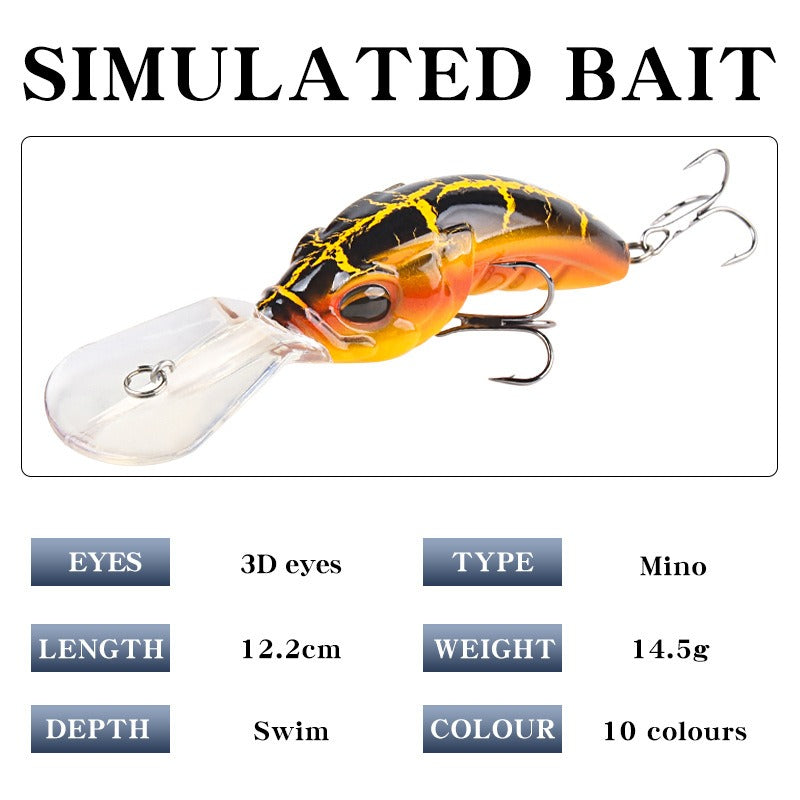 Wide Tongue Deep Dive ABS Rock Mino 10.4cm 14.5g Bead+Enhanced Three Hook Simulated Worm shaped Fake Bait